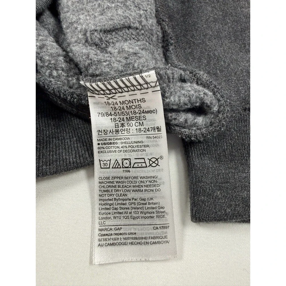 GAP Toddler Full Zip Hoodie Charcoal Gray Logo Sweatshirt 18-24 Months
